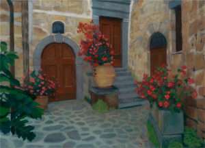 The Courtyard Egg Tempera on Panel 7 1/8x10 © Nelia Harper